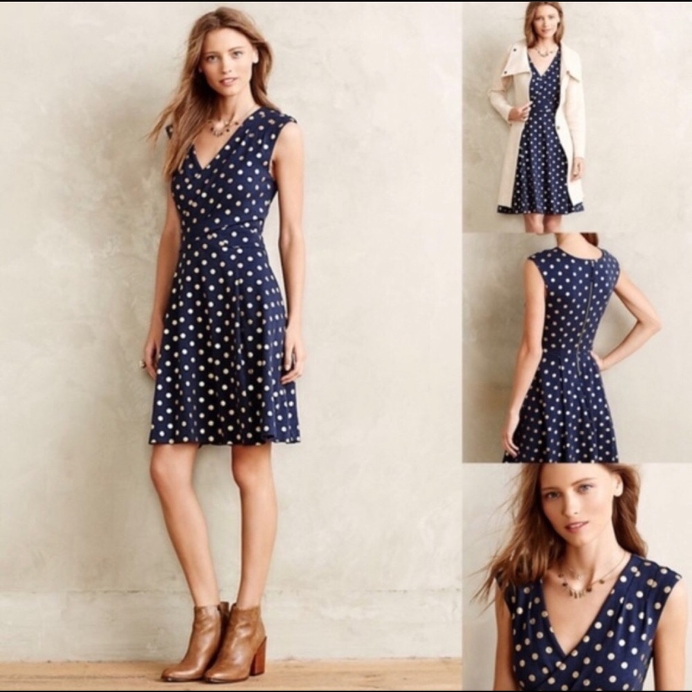 Anthropologie Maeve Navy Polka Dot Dress